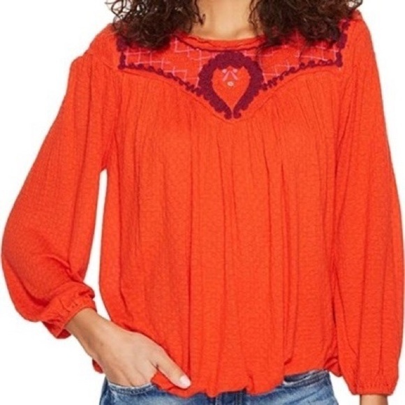 Free People Begonia Top red embroidered flowy boho blouse long sleeve bohemian - Picture 11 of 12